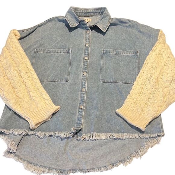 POL Blue Denim Cable Knit Sweater Sleeves Frayed Hem Top Size Small - Picture 2 of 9